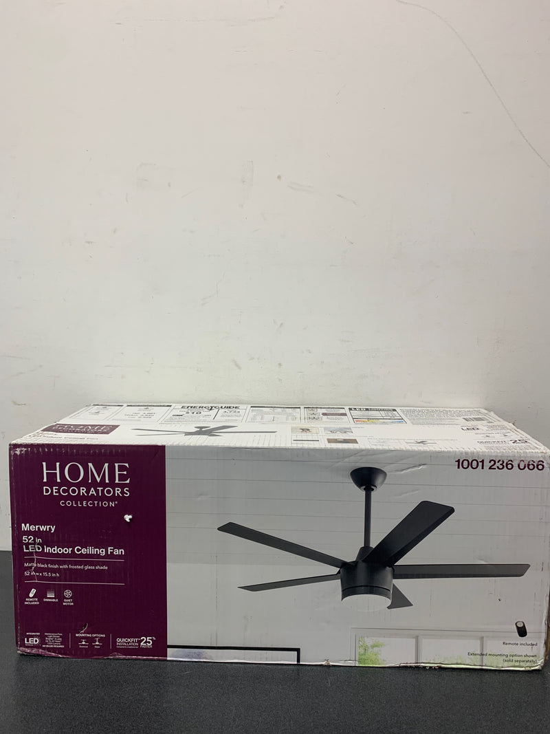 Home decorators collection SW1422MBK Merwry 52 in. Integrated LED Indoor Matte Black Ceiling Fan with Light Kit and Remote Control