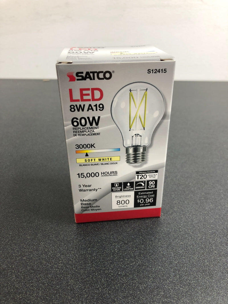 Satco Lighting S12415 Single 8 Watt Vintage Edison Dimmable A19 Medium (E26) LED Bulb - 800 Lumens, 3000K, and 90CRI - Clear