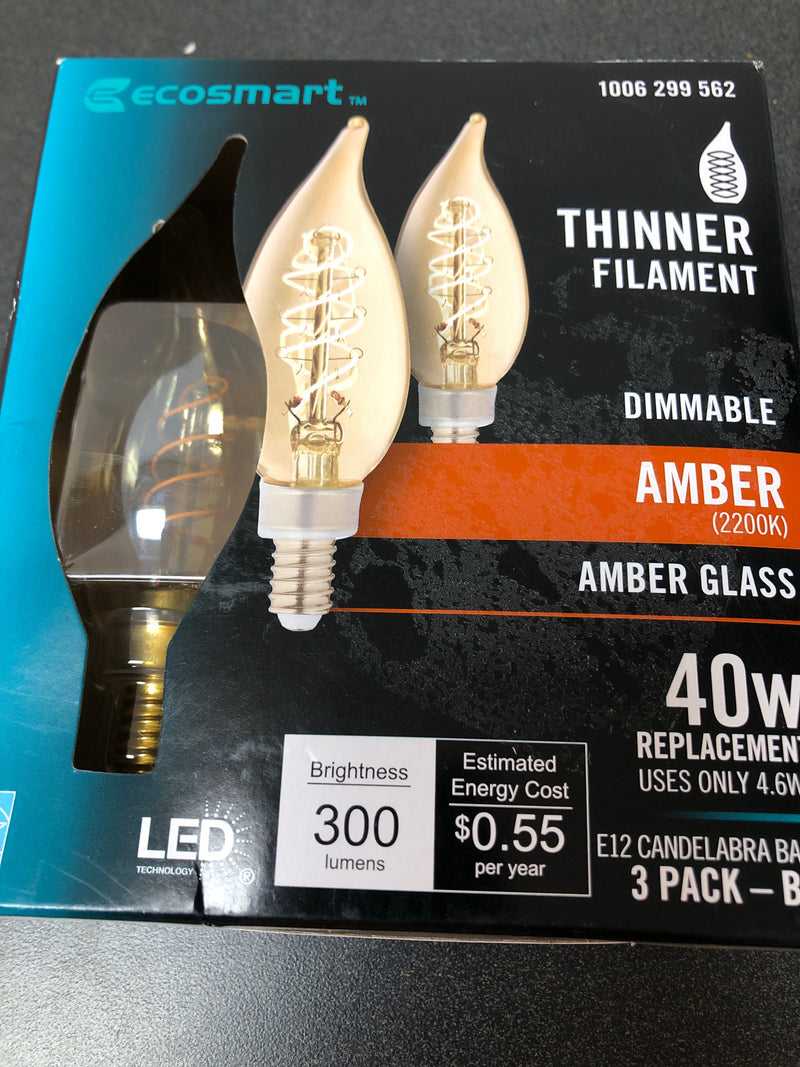 Ecosmart BA11A5E12822S 40-Watt Equivalent BA11 Dimmable E12 Candelabra Fine Bendy Filament LED Vintage Edison Light Bulb Amber (3-Pack)