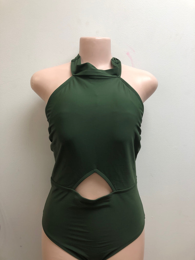 Kona Sol Women's Cut Out High Neck Open Back Medium Coverage One Piece Swimsuit (Dark Green, Medium)