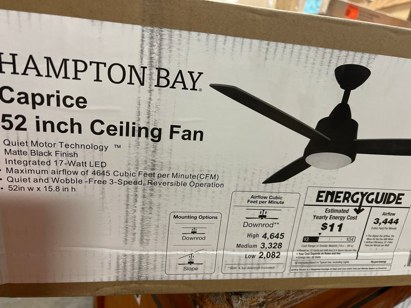 Hampton bay SW19151R MBK Caprice 52 in. Integrated LED Indoor Matte Black Ceiling Fan with Light Kit and Remote Control