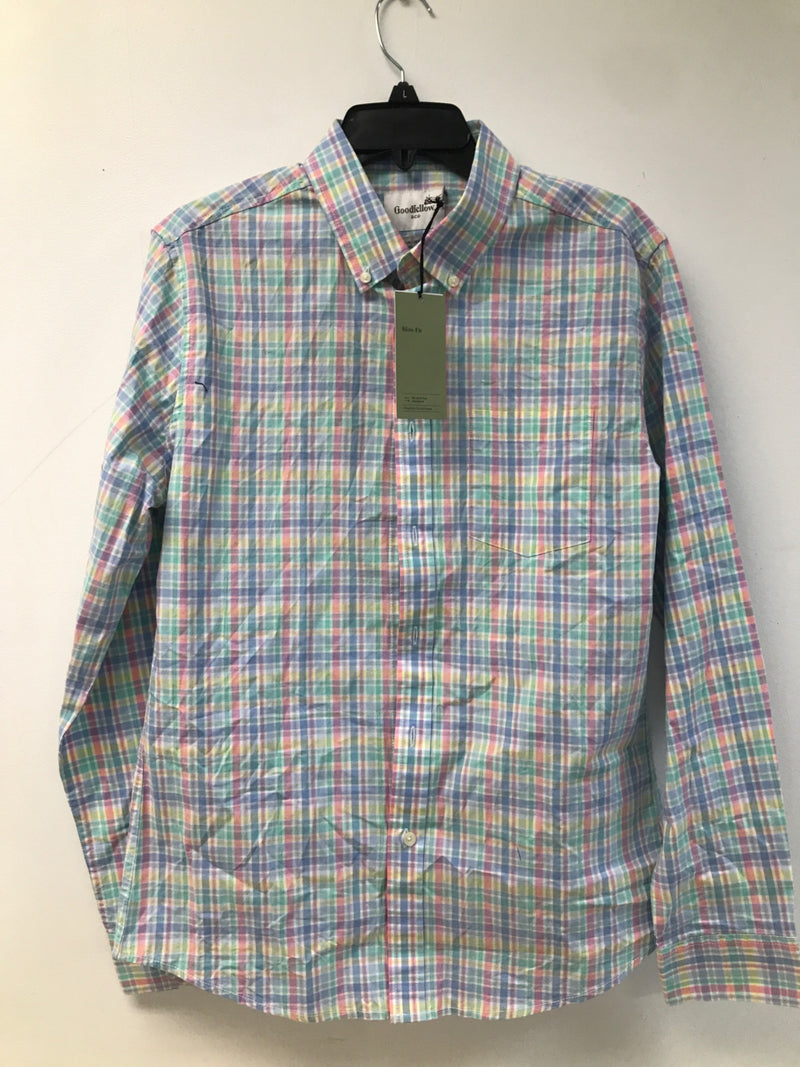 Goodfellow & Co Men's Plaid Long Sleeve Button-Down Shirt (as1, Alpha, m, Regular, Regular, Aqua Blue, Medium)