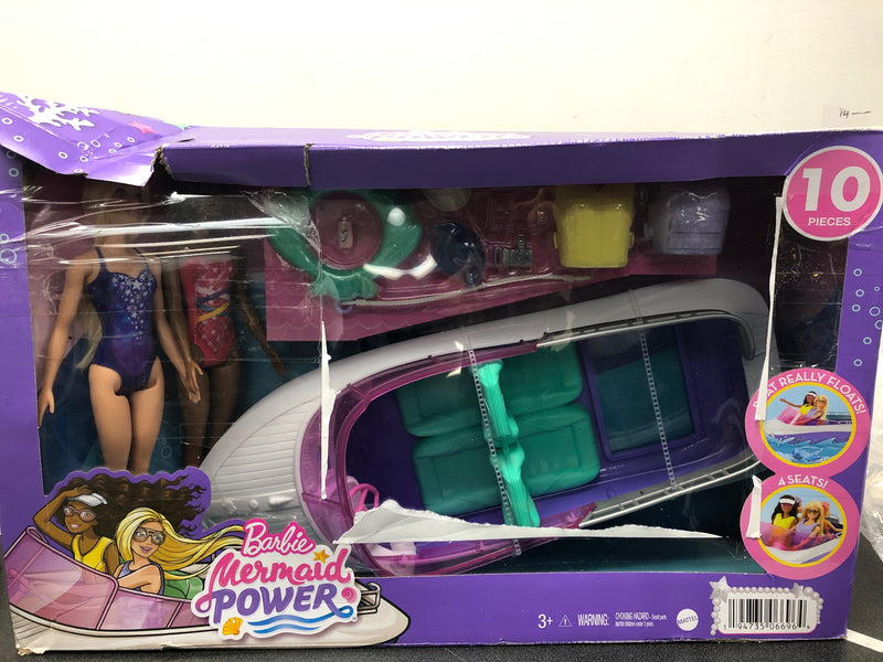 Barbie mermaid power "malibu" and "brooklyn" dolls with boat playset and ocean accessories