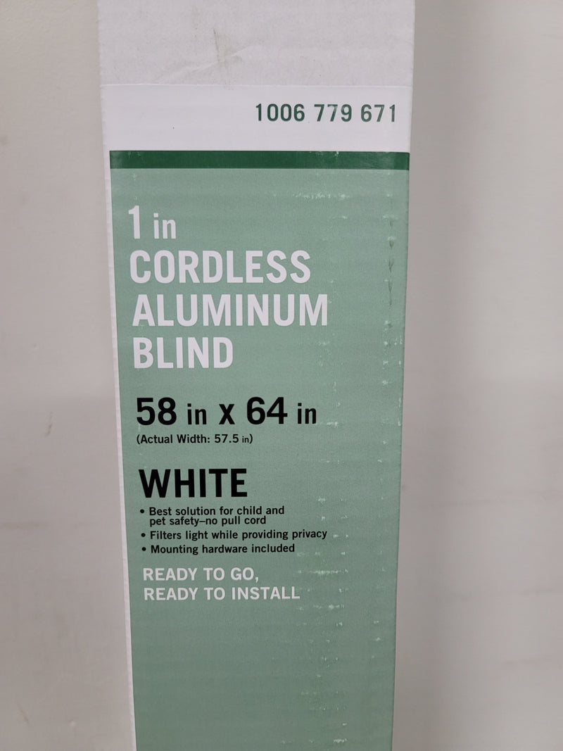 Unbranded 32123 Pre-Cut White Cordless Room Darkening 1 in. Slat Aluminum Blind 58 in. W x 64 in. L