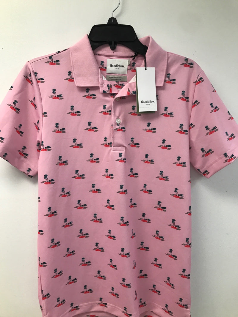 Goodfellow & Co Men's Printed Short Sleeve Perforance Polo Shirt (as1, Alpha, s, Regular, Regular, Pink Island, Small)