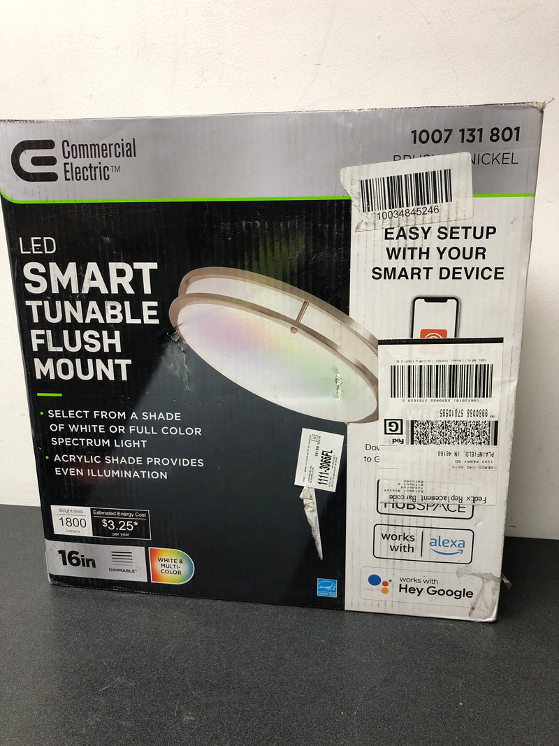 Commercial electric DC016LEDHUB 16 in. Smart Round RGB Color Selectable LED Brushed Nickel Flush Mount Powered by Hubspace