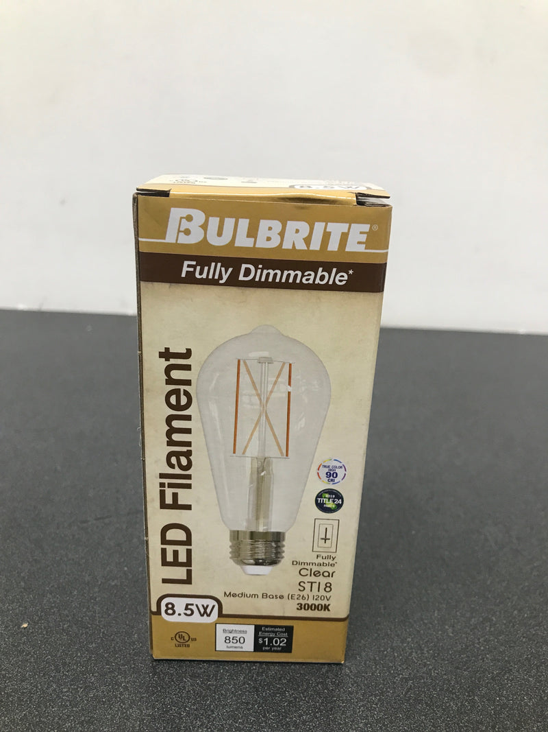 Bulbrite LED Filament, 8.5 Watt, 60 Watt Equivalent, Dimmable, ST18, E26 Standard Base, 3000K (Soft White Light) Light Bulb, Clear, (Pack of 1)