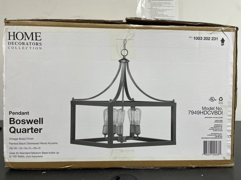 Hampton bay 7949HDCVBDI Boswell Quarter 20 in. 5-Light Vintage Brass Farmhouse Square Chandelier with Painted Black Distressed Wood Accents