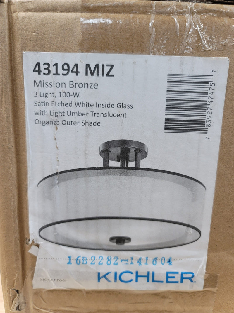 Kichler 43194MIZ Tallie 3 Light 18" Wide Semi-Flush Ceiling Fixture with Organza Shade and Diffuser - Mission Bronze
