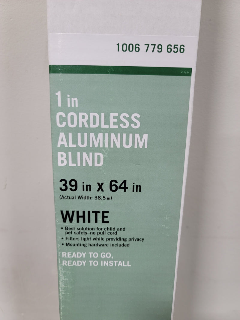 Unbranded 32119 Pre-Cut White Cordless Room Darkening 1 in. Slat Aluminum Blind 39 in. W x 64 in. L
