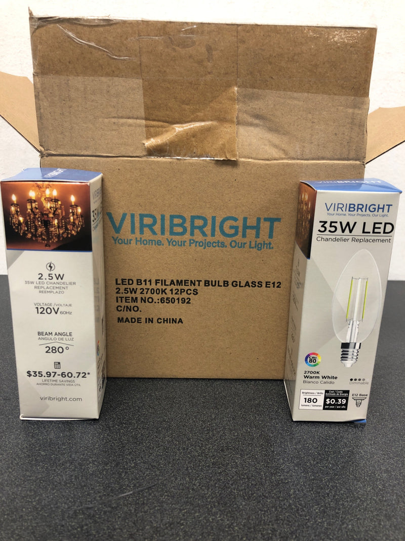 Viribright LED Dimmable B11 Candelabra Light Bulb, 180 Lumen, 5000K Daylight, 2.5-Watt (35-Watt Equivalent), E12 Base, Pack of 12 (650194-12MC)