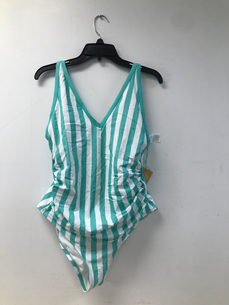 Kona Sol Women's Plus V-Neck Over The Shoulder High Leg One Piece Swimsuit Bathing Suit - Turquoise - Size 16W