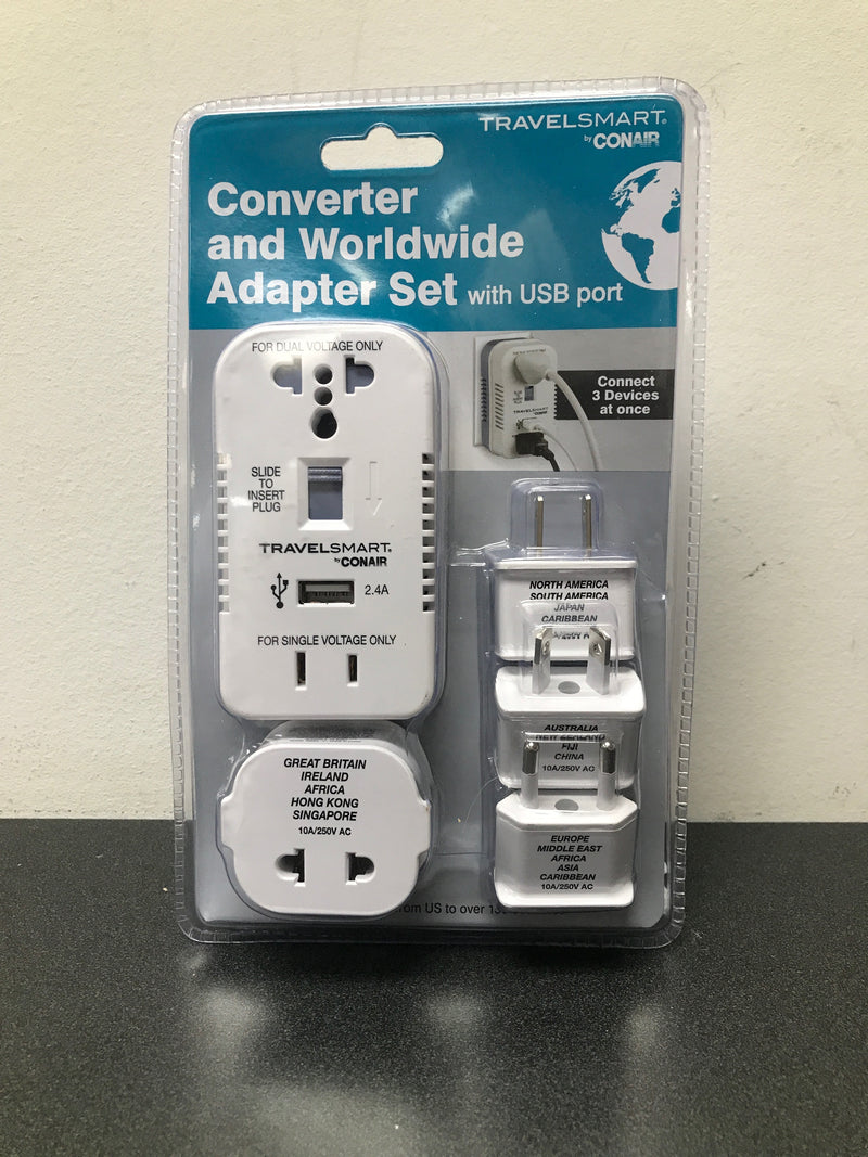Travel smart all-in-one multiple socket adapter and converter set with usb port, white