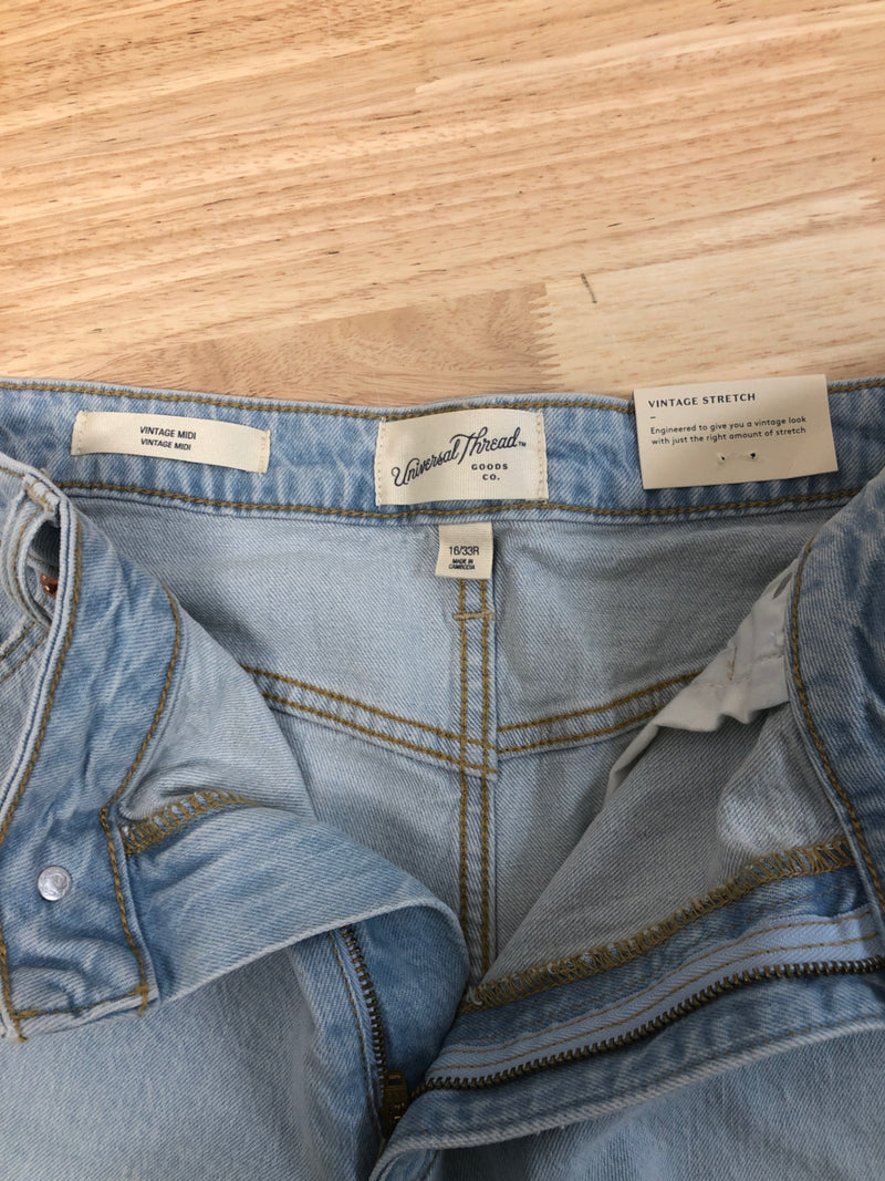 Universal Thread Women's High-Rise Vintage Midi Jean Shorts - (as1, Numeric, Numeric_16, Regular, Regular, Light Blue, 16)