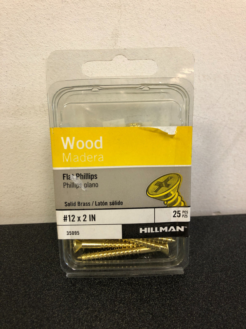 The Hillman Group 35095 Brass Flat Head Phillips Wood Screw, 12 x 2-Inch, 25-Pack