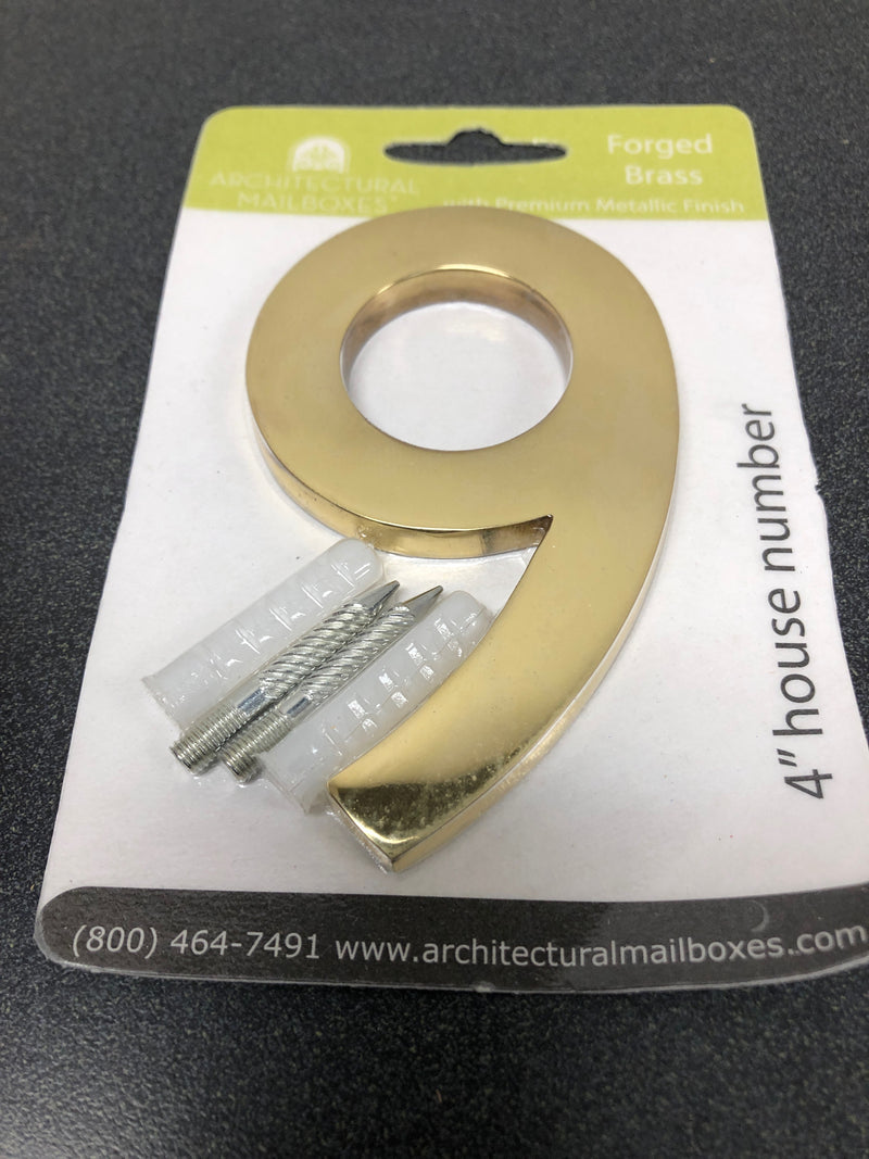 Architectural Mailboxes 3582PB-9 4 Inch Tall Solid Brass House Number '9' - Polished Brass