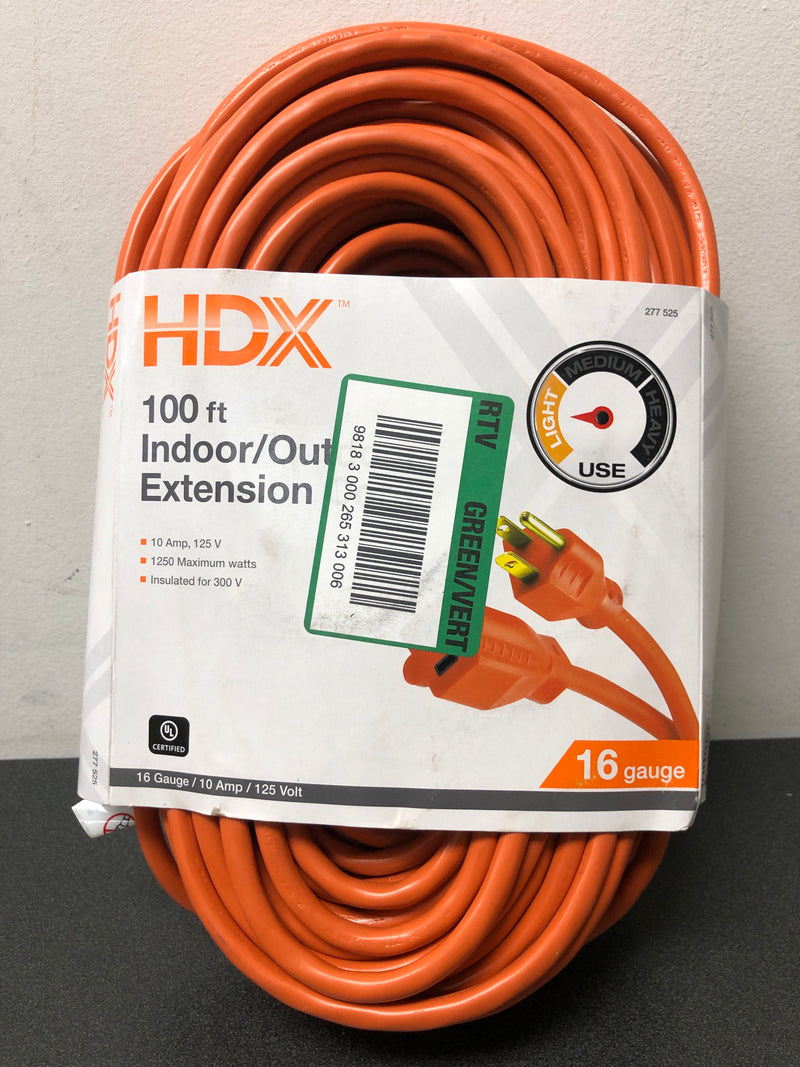 HDX 100 Ft. 16/3 Indoor/Outdoor Extension Cord, Orange strain relief