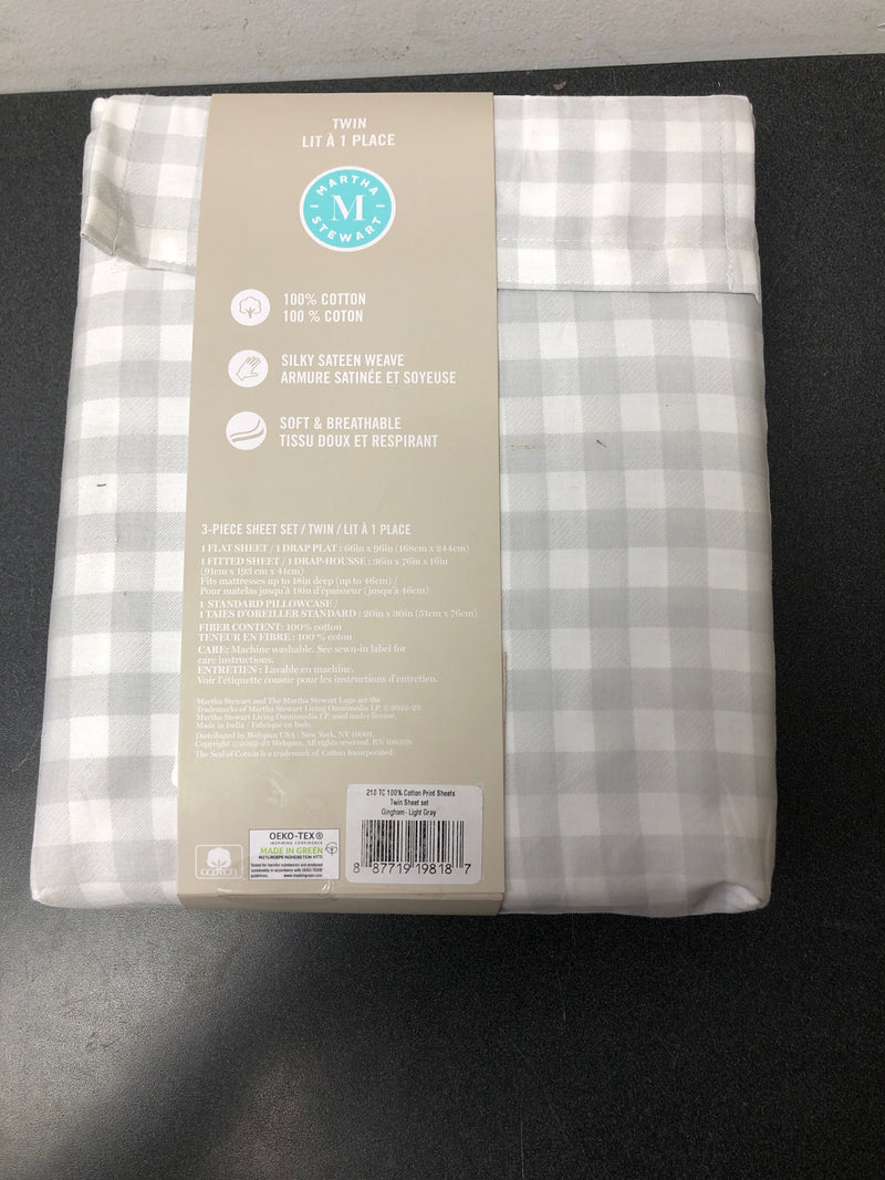 MARTHA STEWART 100% Cotton Twin Sheet Set - 3 Piece, Soft, Smooth, Durable, Easy Care, 16" Deep Pocket Sheets, Sateen Sheets, 1 Flat, 1 Fitted, 1 Pillowcase, Light Grey