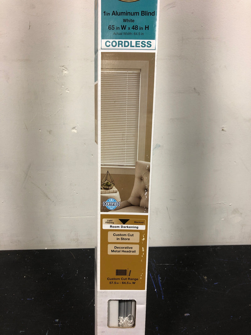 Hampton bay 10793478518869 White Cordless Aluminum Mini Blinds for Windows with 1 in. Slats - 65 in. W x 48 in. L(Actual Size 64.5 in. W x 48 in.L)