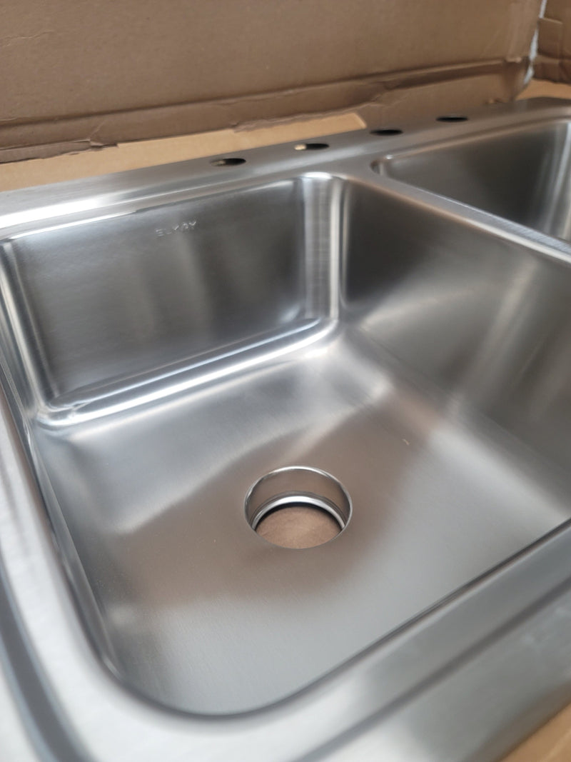 Elkay LR3322PD4 Gourmet 33" Double Basin 18-Gauge Stainless Steel Kitchen Sink for Drop In Installations with 50/50 Split - Perfect Drain Assemblies Included - 4 Faucet Holes