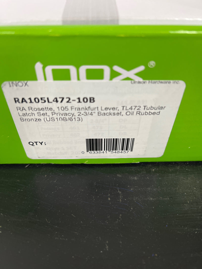 INOX RA105L472-10B Frankfurt Privacy Door Lever Set with 2-3/4 Inch Backset, RA Series Round Rose, and TL4 28 Degree Latch - Oil Rubbed Bronze