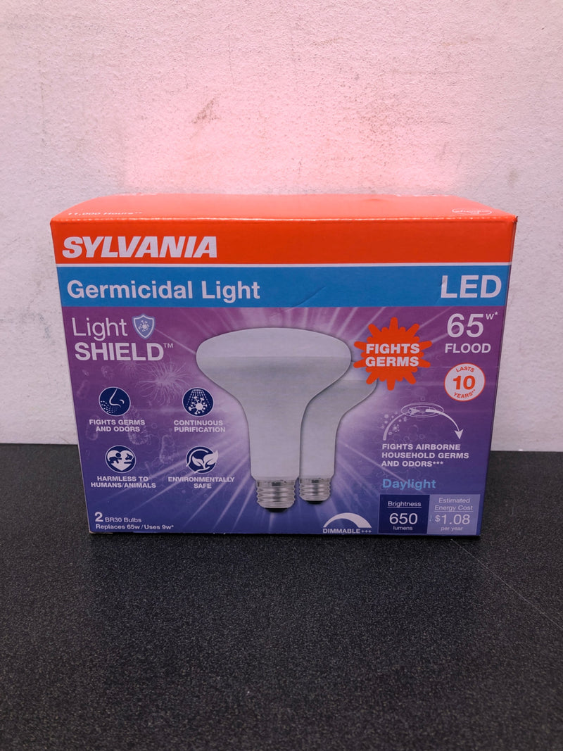 SYLVANIA LightSHIELD BR30 Germicidal LED Light Bulb, 9W=65W, 10 yr, Dimmable, 650 lm, 5000K, Daylight - 2 Pack (41070)