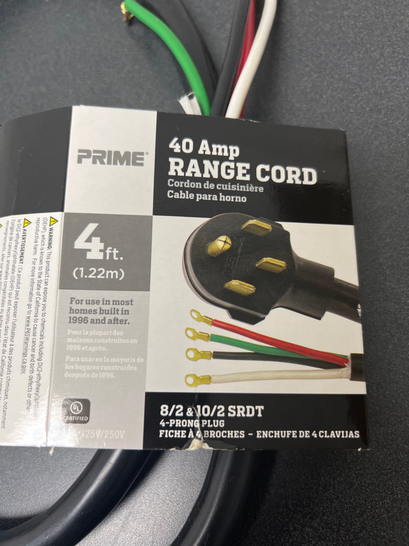 Prime wire and cable rd821024 4 ft. 40a 4-wire range cord - black
