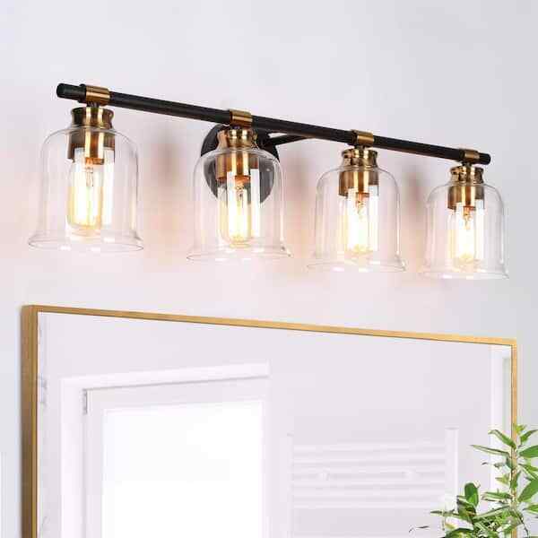 Zevni Modern 29.5 in. 4-Light Brass Gold Vanity Light with Black Finish