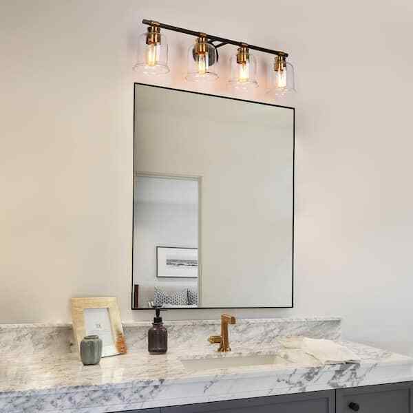 Zevni Modern 29.5 in. 4-Light Brass Gold Vanity Light with Black Finish