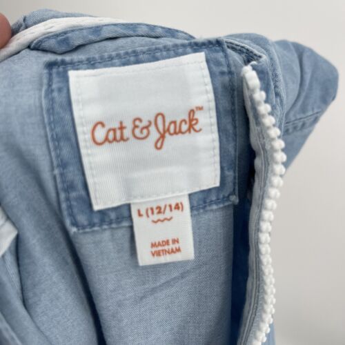 Boys Cat & Jack Chambray Blue Half Zip Hooded Windbreaker Anorak Jacket Sz Large