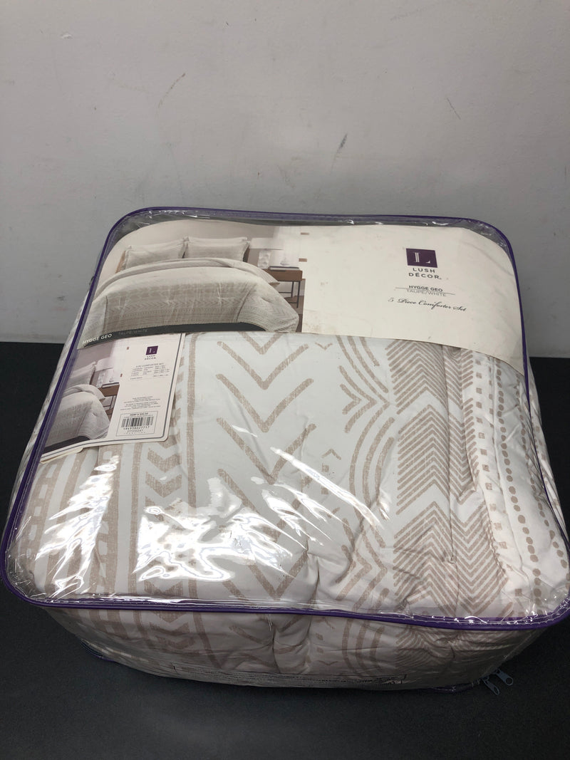 Lush Decor Hygge Geo Reversible 5 Piece Comforter Set, King, Taupe & White