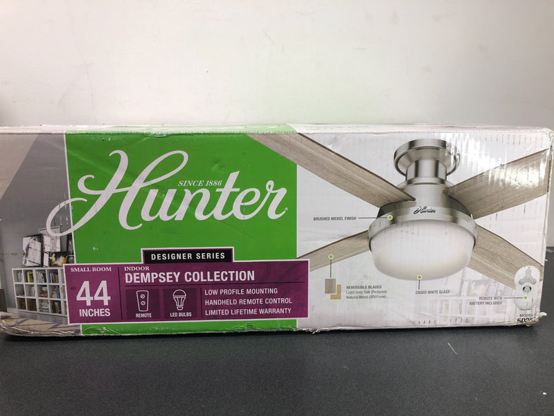Hunter 50282 Dempsey 44" 4 Blade LED Indoor Ceiling Fan with Remote Control Included - Brushed Nickel / Light Gray Oak / Natural Wood